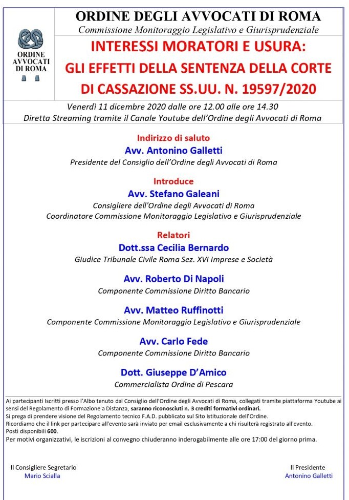 locandina seminario 11 dicembre 2020 Consiglio dell'Ordine Avvocati Roma