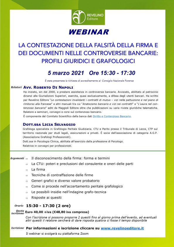 Locandina Webinar 5 marzo 2021 La contestazione della falsità della firma e dei documenti nelle controversie bancarie: profili giuridici e grafologici